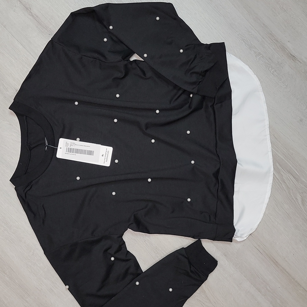 NWT Blushmark Small long sleeved Black sweatshirt with pearl beads, white under
